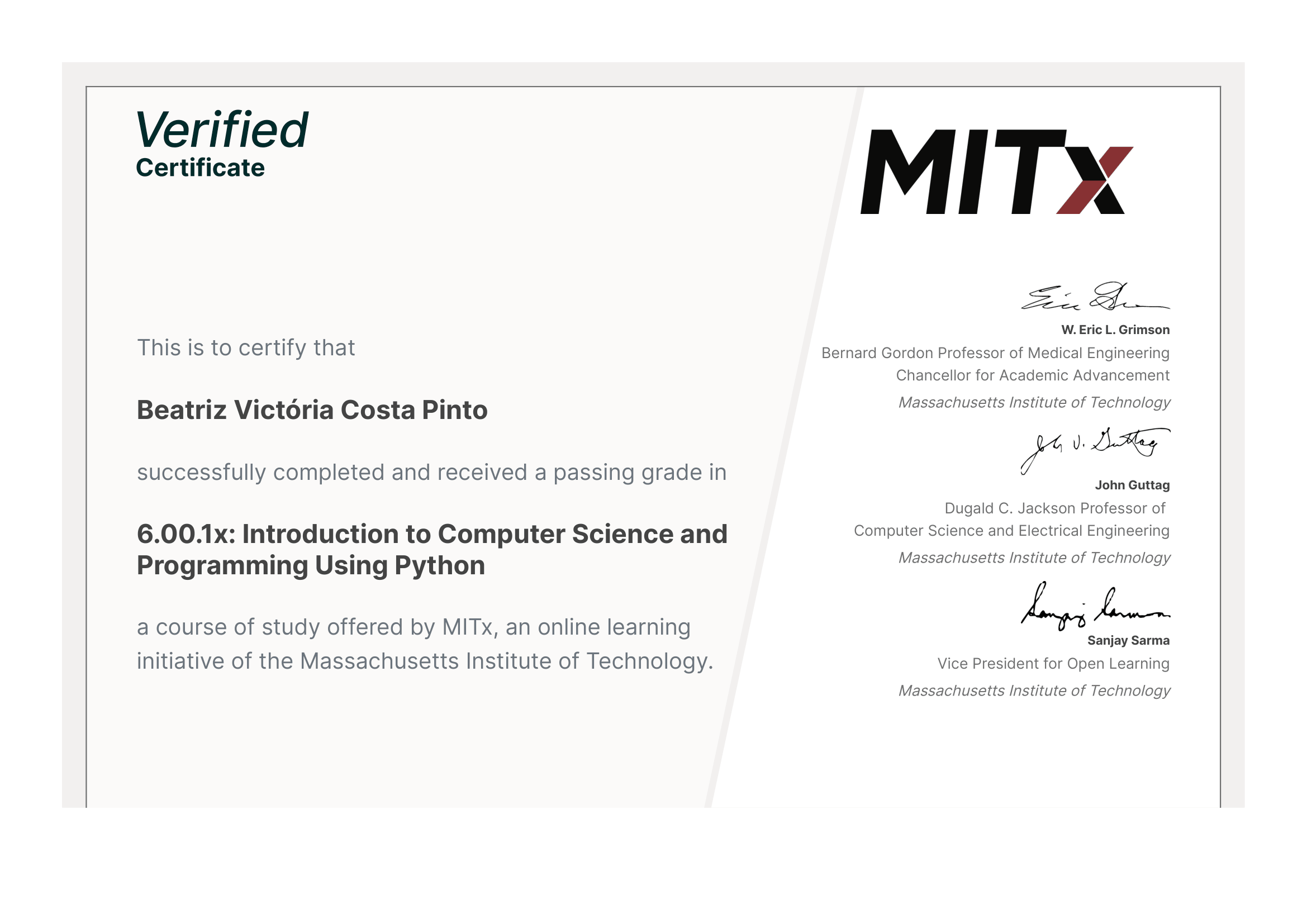 MITx 6.00.1x: Introduction to Computer Science and Programming Using Python